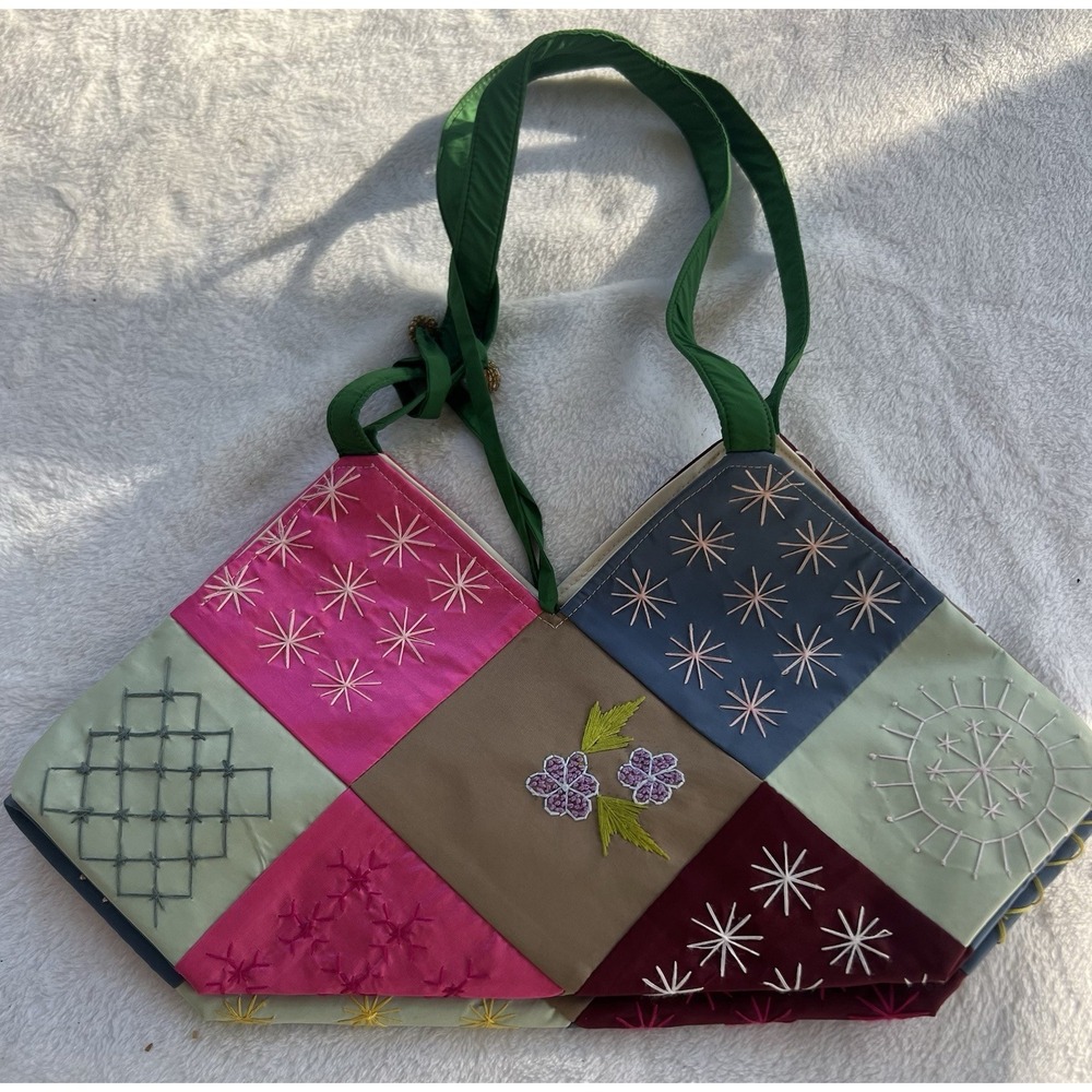 Vintage 4x4 squares Quilt  embroidered Multi-colored‎ Fabric  Purse